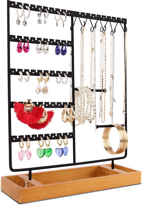 Posity Schmuckständer - Schmuckhalter - Ohrringständer - Schmuckhalter - Für Halsketten/Armbänder/Ringe/Schmuck - Holz & Metall - Schwarz