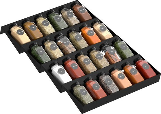 Noswo Gewürzregal Schublade - 4 Schichten - für 28 Gewürzdosen - Edelstahl - Gewürzorganisation - Küchenschubladenorganisation
