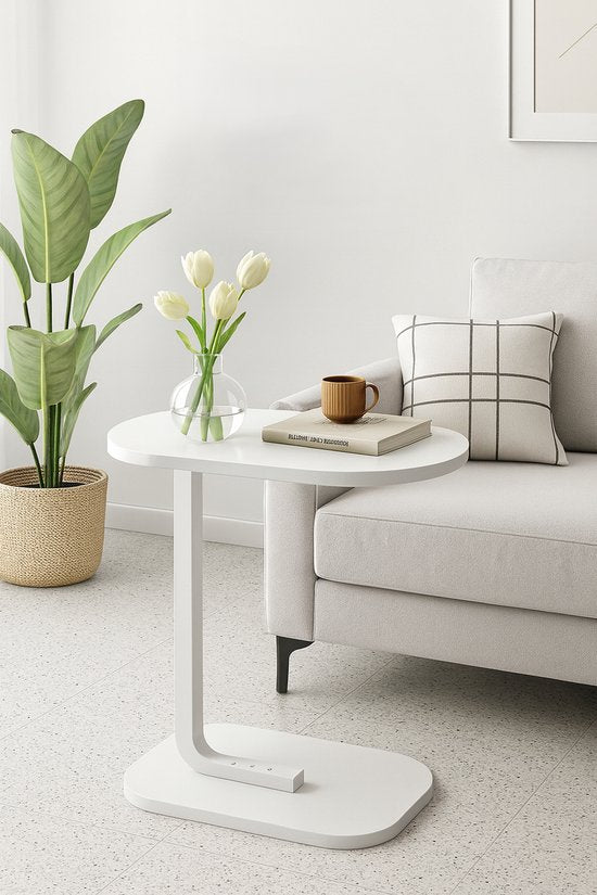 Ceruzo Beistelltisch - Weißer Bank-Tisch - Metall mit Holz - Couchtisch - C-Form - Kompakt- 45x28x60cm