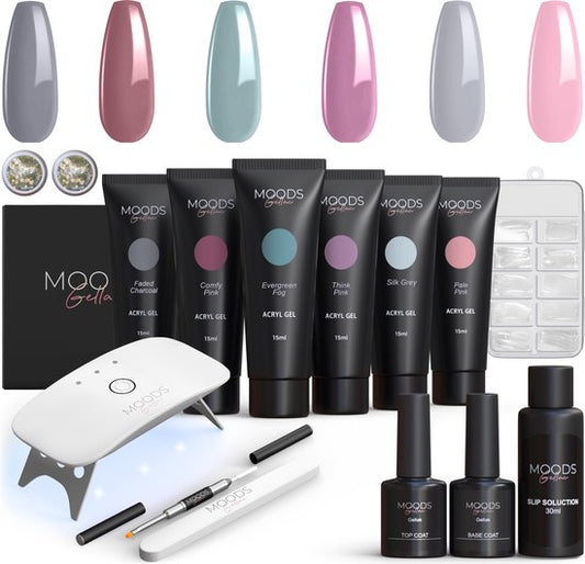 Moods Gellac - Luxus Polygel Set - Polygel Nägel Starter Pack - Inklusive UV LED Lampe - 6 Farben - Grau Nude