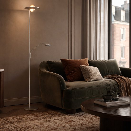 Stehlampe Zenith 2 4394ST aus Stahl mit Uplight und Lesearm – Steinhauer Exclusive, modernes Design, dreh- und neigbar, 4940 Lumen Lichtleistung, einstellbare Farbtemperatur von 2200 bis 4000 Kelvin