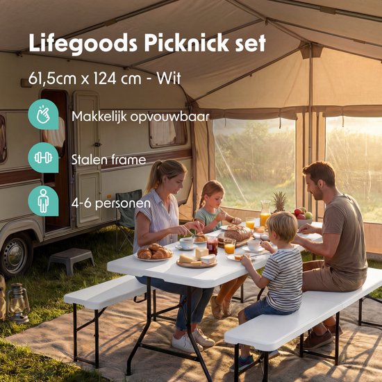 LifeGoods Zusammenklappbares Picknick-Set - 124cm x 61.5cm - Gartentisch mit 2 Bänken - Wetterfest - Campingtisch - Biertisch zusammenklappbar - Für Innen und Außen - Für 4 bis 6 Personen - Weiß