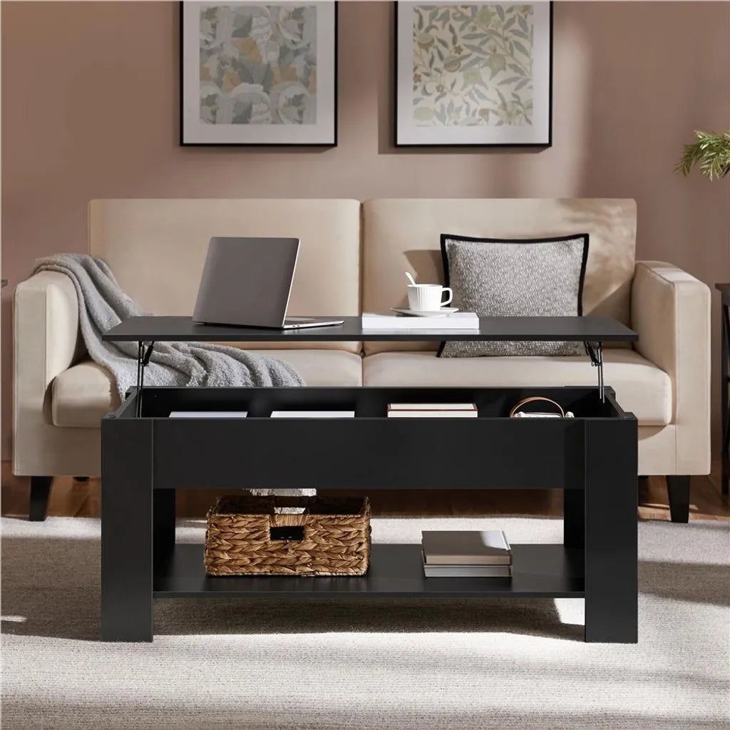Yaheetech Couchtisch 120 x 59 cm – Schwarz – Verstellbarer Couchtisch mit Stauraum und Hebemechanismus
