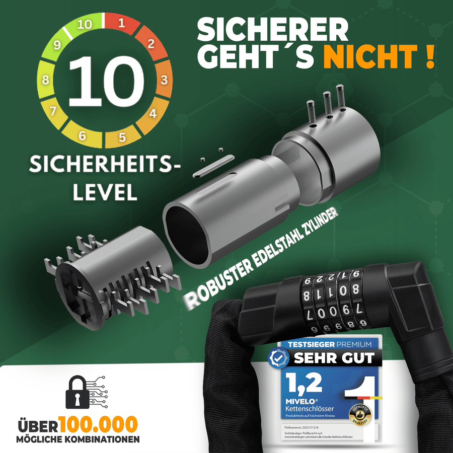MIVELO - Robustes Fahrrad-Kettenschloss mit Zahlencode – 100 cm lang – Carbonstahl – 20 x 6 cm – Schwarz