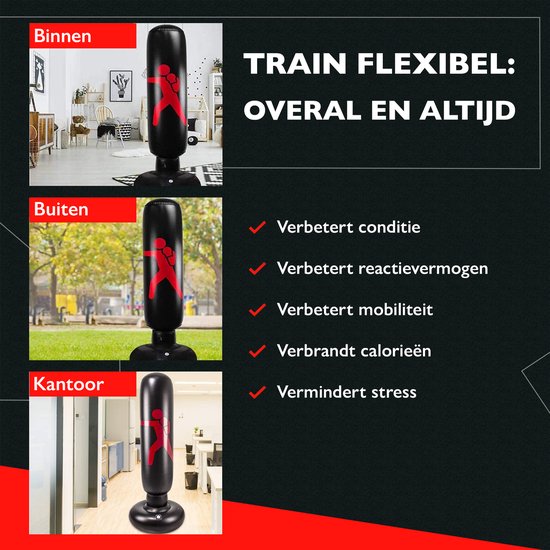 Zoluko Aufblasbarer Boxsack am Fuß - Inkl. Boxhandschuhe, Fußpumpe und E-Book - Indoor und Outdoor - Für Erwachsene und Kinder - Boxsack stehend - Boxsack am Fuß - Boxball am Stand - Boxset Kinder - Boxstange - Boxtrainer - Schwarz