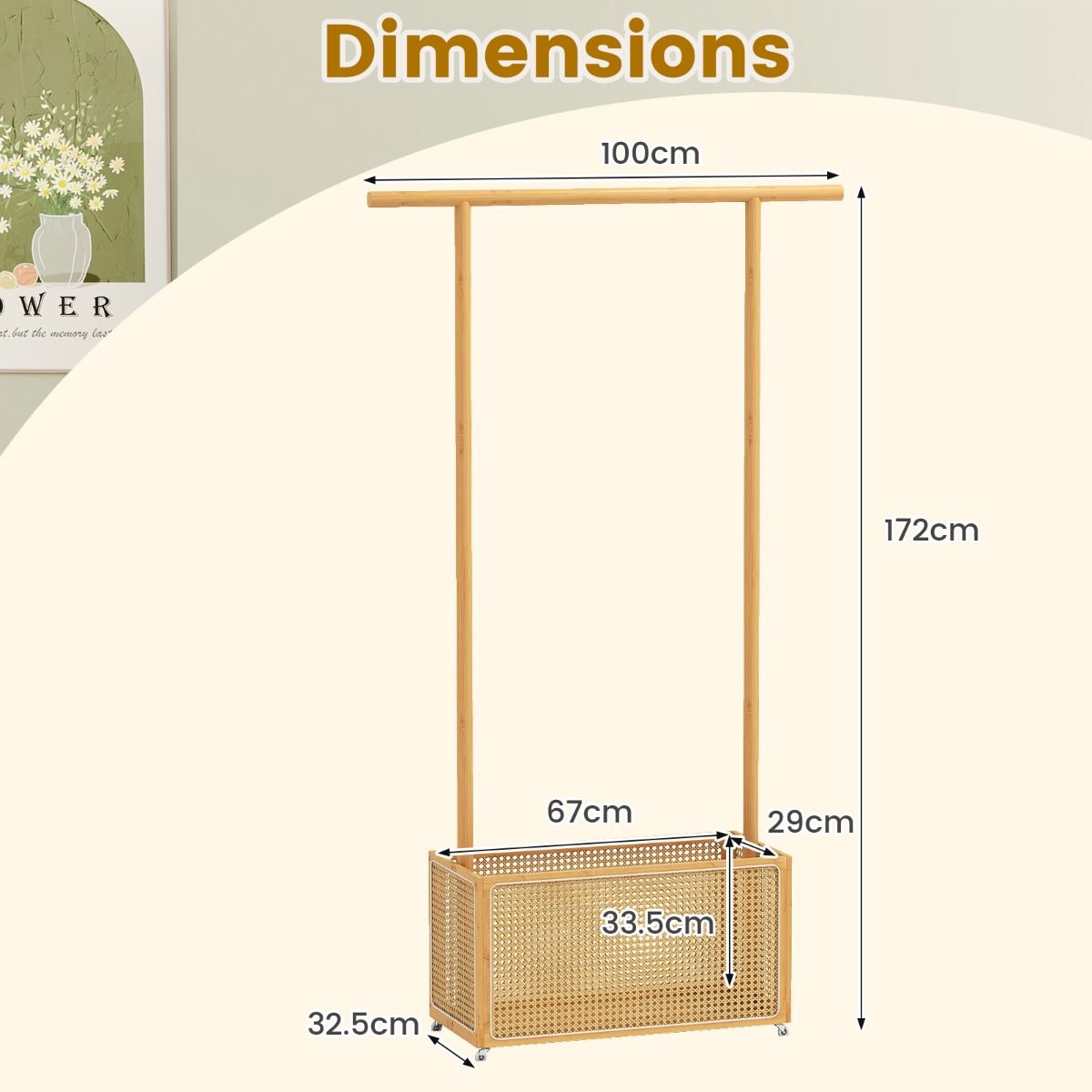 Coast Bambus-Garderobe – mit Aufbewahrungskorb und Rollen – natur – 100 x 32,5 x 172 cm