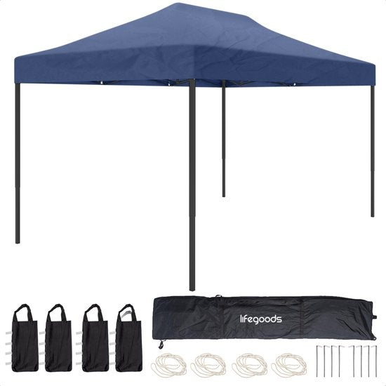 LifeGoods Partyzelt - Pavillon - 3x4,5 m - leicht aufbaubar - faltbar - wasserdicht - Tragetasche mit Rädern - dunkelblau