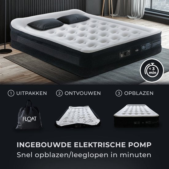 FLOAT VersaVento - 2-Personen-Luftbett mit eingebauter elektrischer Pumpe - < 3 Minuten schnelles Aufblasen - Inklusive 2 Klettverschlusstaschen, Tragetasche und Reparaturset - 152 x 203 x 52 cm - Selbstaufblasend - Zwei Personen - Queen