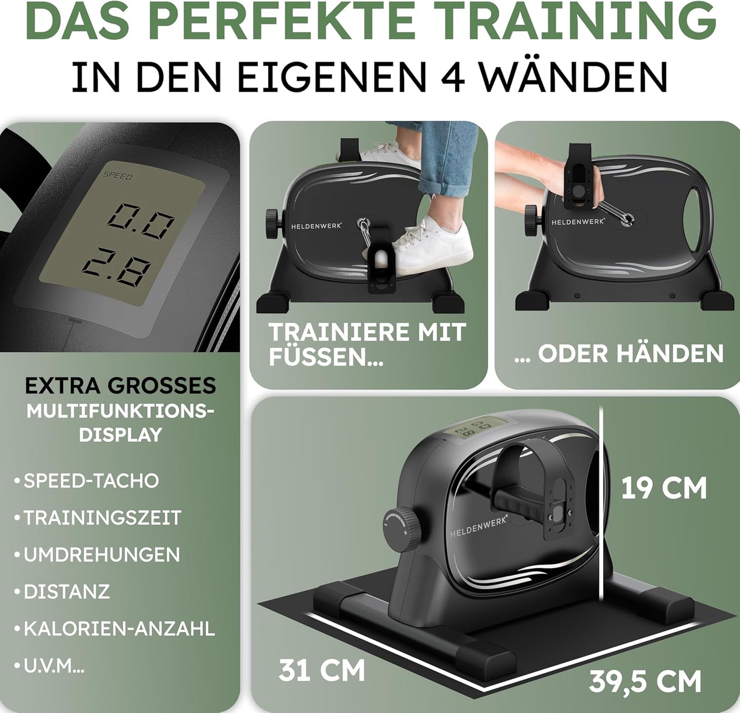 HELDENWERK Pedal-Trainer-Set - 40x35x30 cm - Schwarzer Stahl & Kunststoff - Inklusive Befestigungsgurt & Anti-Rutsch-Matte - Arm- und Beintrainer - Für Senioren