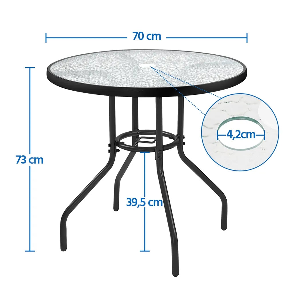 Yaheetech Bistro-Gartentisch Ø 70 cm – Schwarz – Runder Tisch mit Hartglasplatte und Sonnenschirmloch