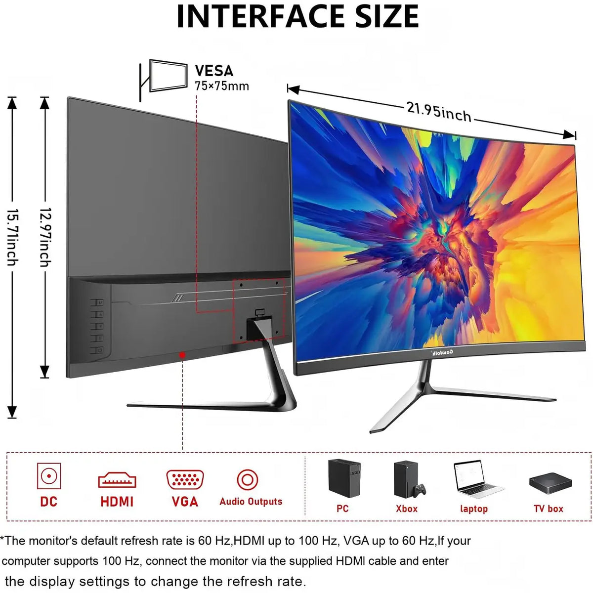Gawfolk 24,5-Zoll-Curved-Monitor – 16 × 55 × 39 cm – Schwarz – Full HD 120 Hz – 1 ms – Integrierte Lautsprecher