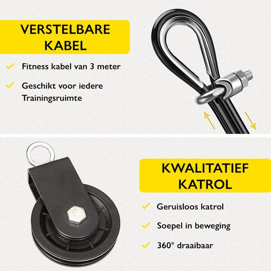Zoluko Home Fitness Cable System 23-teiliges Set - Inkl. E-Book - Kraftstation für den Heimsport - Inkl. Trizepsseil, Bizepsstange und Griffe - 100kg Tragkraft - Einfache Befestigung - Krafttraining - Lat Pulley - Home Gym - Schwarz/Silber