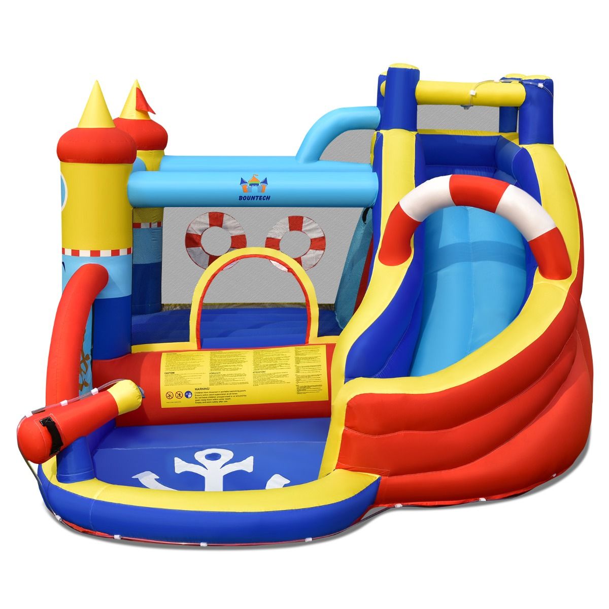 Coast Aufblasbare Spielburg „Piratenschiff“ – 5-in-1-Wasserpark mit Rutsche und Kletterwand – inklusive Wasserpistole und Ventilator – 360 x 290 x 200 cm