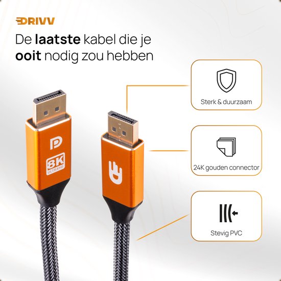Drivv. Displayport-Kabel - 8K 60Hz - 4K 144 Hz - 32.4GBps - Displayport 1.4 - DP-Kabel - 2 Meter - Orange