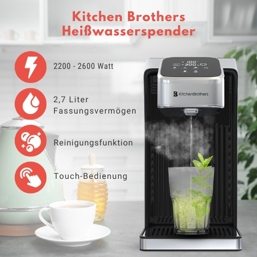 KitchenBrothers - Heißwasserspender - Touch Display - Milchfunktion - 2.7L - 2600W - Edelstahl/Schwarz