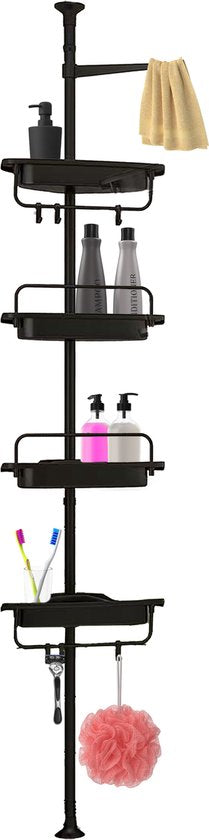 Brixy Duschregal - Teleskopisch - 85-305 cm - Kein Bohren - Boden bis zur Decke - 4 Ablagen - 3 Haken - Schwarz