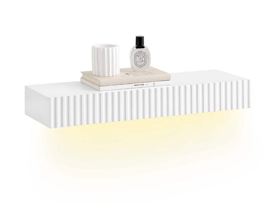 SoBuy Schwebendes Wandregal mit Schublade – Weiß – 60 x 20 x 8 cm – LED-Bewegungssensor
