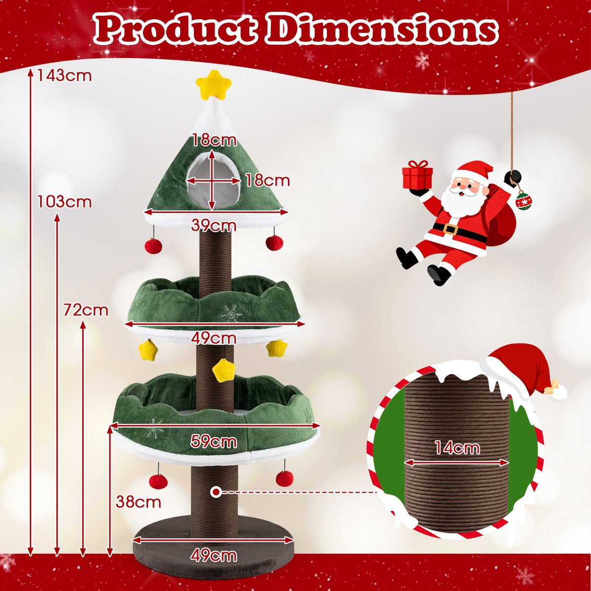 Coast Kratzbaum – Weihnachtsbaum-Design – mit Höhle oben und hängenden Kugeln – grün, 143 cm