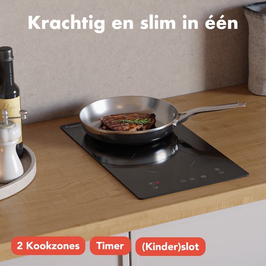KitchenBrothers Induktionskochfeld - Eingebautes Induktionskochfeld - 30 cm - 2 Zonen - 1 Phase - bis zu 3300W - Schwarz