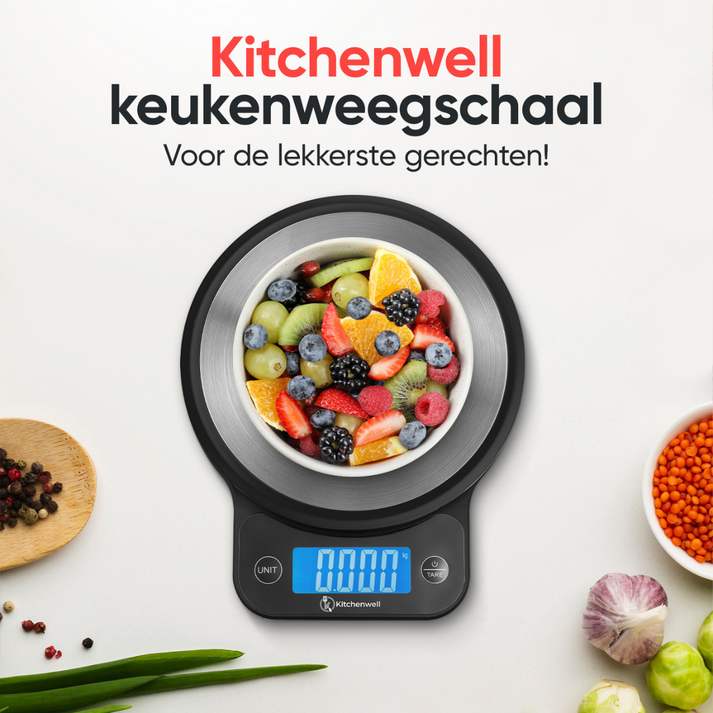 Kitchenwell Küchenwaage – Digital – 1 g–10 kg – LCD – Spritzwassergeschützt