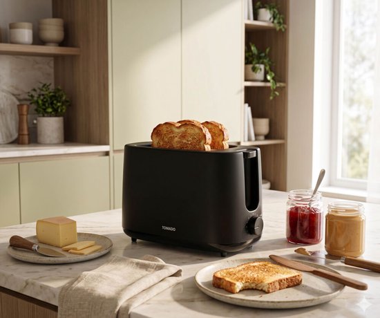 Tomado TBT1000B – Kompakter Toaster – 2 lange Schlitze – 7 Stufen – Schwarz