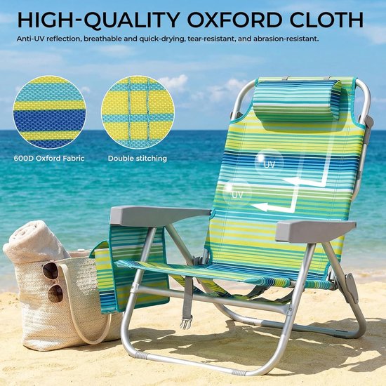 Luxuriöses Strandstuhl-Set (2er-Set) – Verstellbar (5 Positionen) – Zusammenklappbar mit Rucksackgurten, Kühltasche und Handtuchhalter – Grün/Blau gestreift