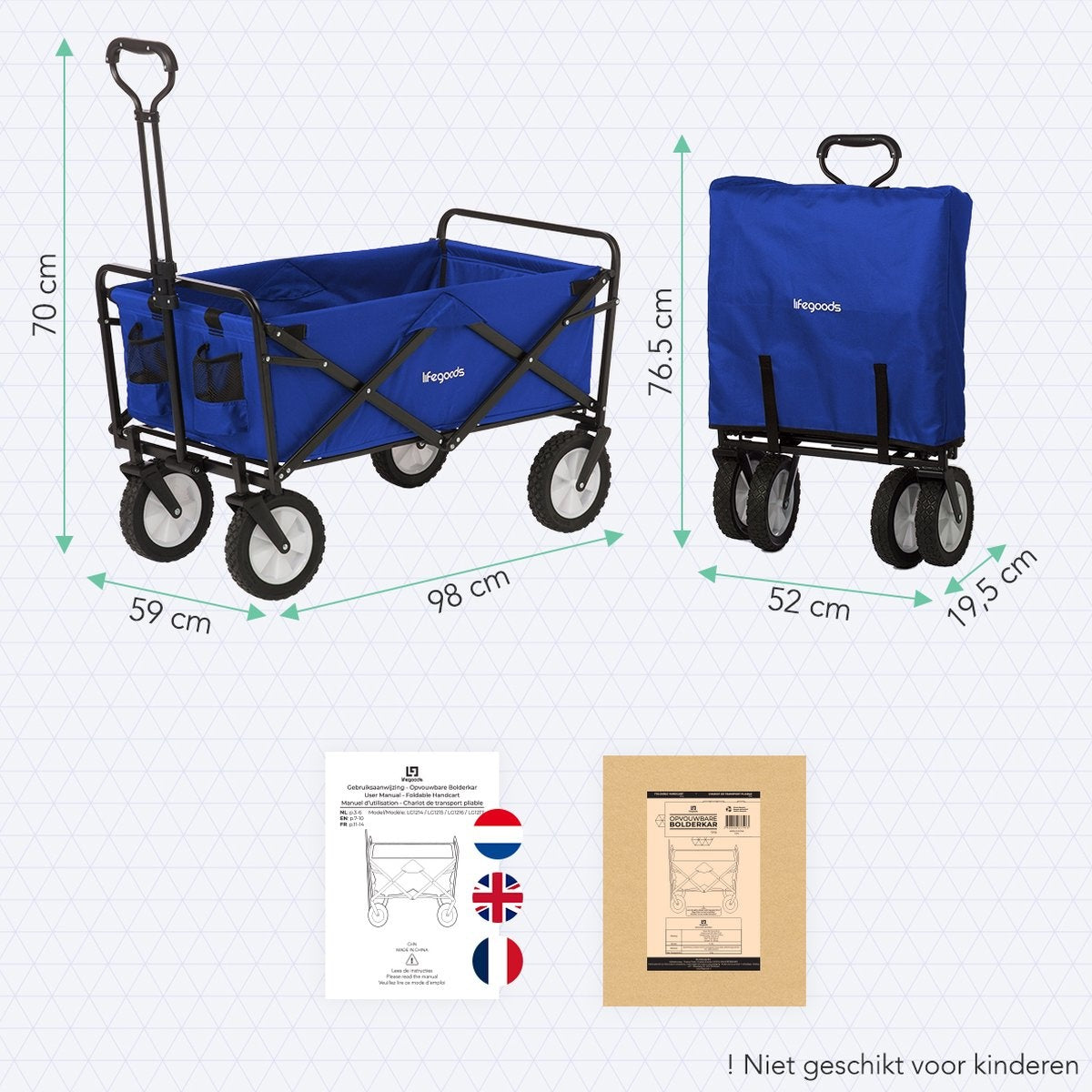 LifeGoods Bollerwagen - faltbar - drehbare Räder - 2 Ständer - 70kg Tragfähigkeit - Blau
