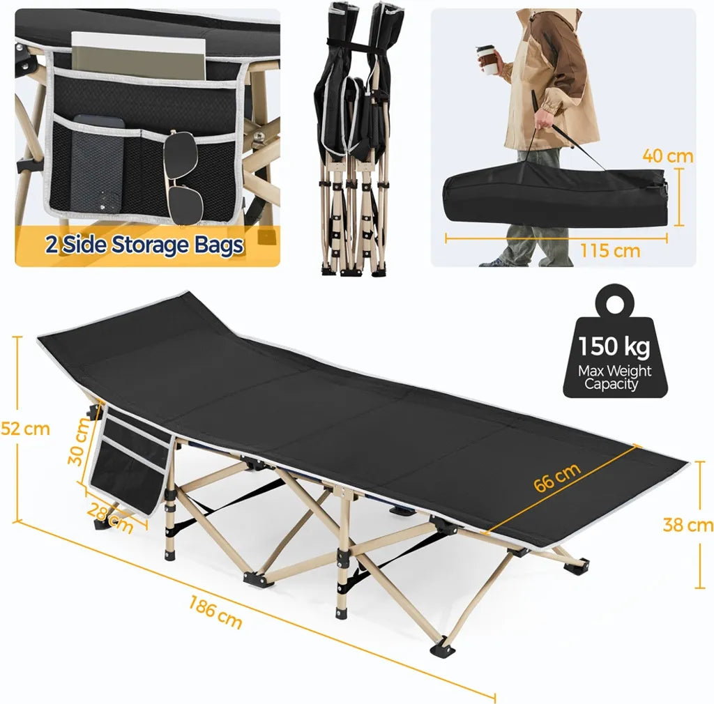 Yaheetech Klappbares Campingbett mit Tragetasche – Schwarz – 186 x 66 x 52 cm