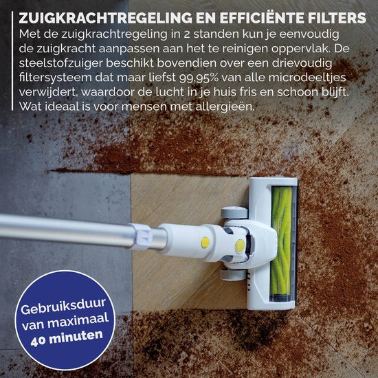 BREND BR-2214 Kabelloser Handstaubsauger mit LED-Beleuchtung - Dreifachfilter nimmt 99,5% Feinstaub auf - Weiß/Grün