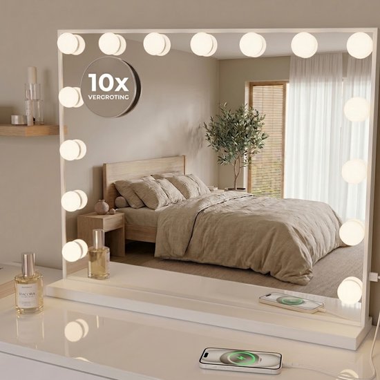 OMNIEXA Hollywood-Spiegel 58 × 46 cm – 15 LED-Lampen – 3 Lichtfarben – dimmbar – 10-fache Vergrößerung – USB-C – Make-up-Spiegel – Visagiespiegel – Vanity – Weiß