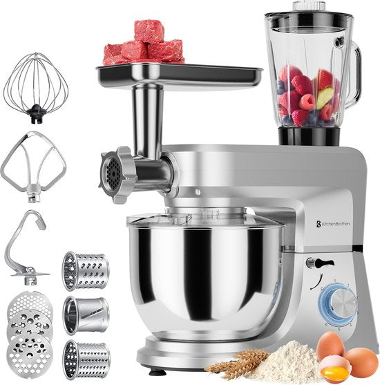 KitchenBrothers Küchenmaschine - Komplettset - 15 Zubehörteile - Küchenroboter - 6L - 1500W - Silber