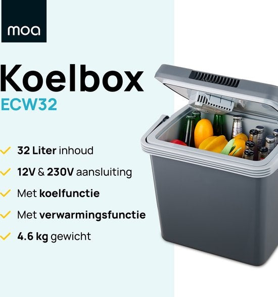 MOA - Elektrische Kühlbx - Mit Wärmehaltungsfunktion- 12V und 230V - 32Liter - Grau
