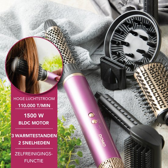 DOMO DO54782HS 7-in-1-Airstyler – Föhnbürste – Multistyler – Lockenbürste – Glättbürste – Föhn mit 7 Aufsätzen – Lila/Gold