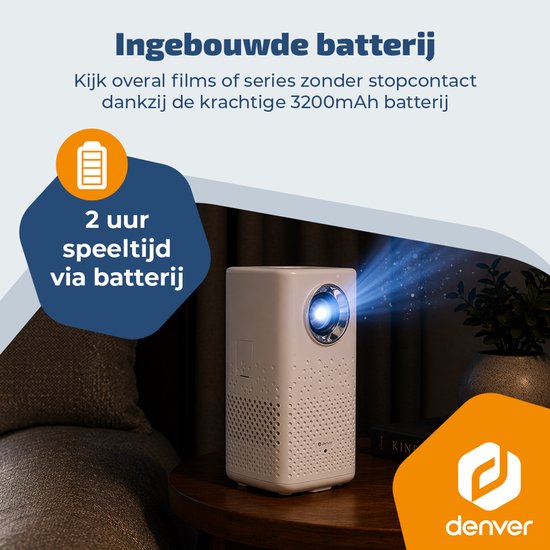 Denver tragbarer Beamer – 4K 3840 x 2160p – 150 ANSI-Lumen – Projektor – Integrierter Akku – Heimkino – HDMI – USB-C – PR4700