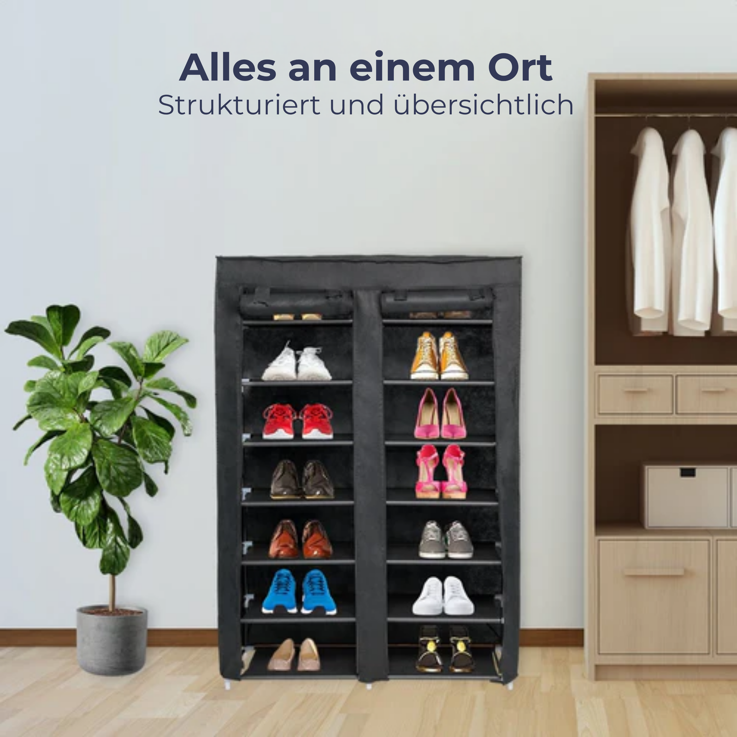 LifeGoods Schuhregal - 7 Schichten - 28 Paar Schuhe - Abschließbar - Schwarz