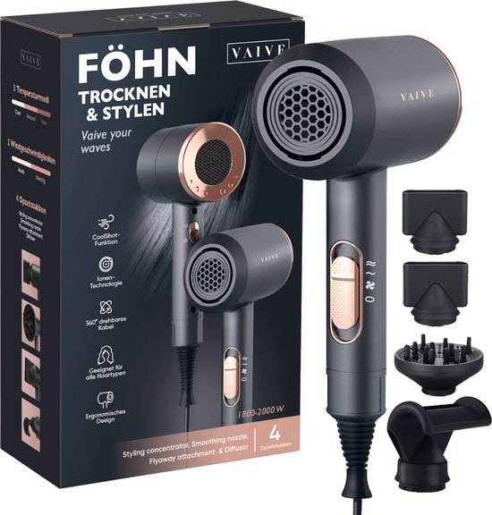 VAIVE Ionic Hairdryer mit Diffusor - Haartrockner 2000 Watt - Haartrockner mit Coolshot - 3 Einstellungen