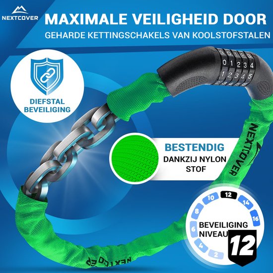 NEXTCOVER® Digit Lock Fahrradschloss - Das Original - [SAFESECURE] Hohe Sicherheit - Fahrradschlösser mit 5-stelligem Zahlencode, Zahlenschloss Fahrradstahl - Fahrradschloss perfekt für E-Bike - Kettenschloss Gemüse