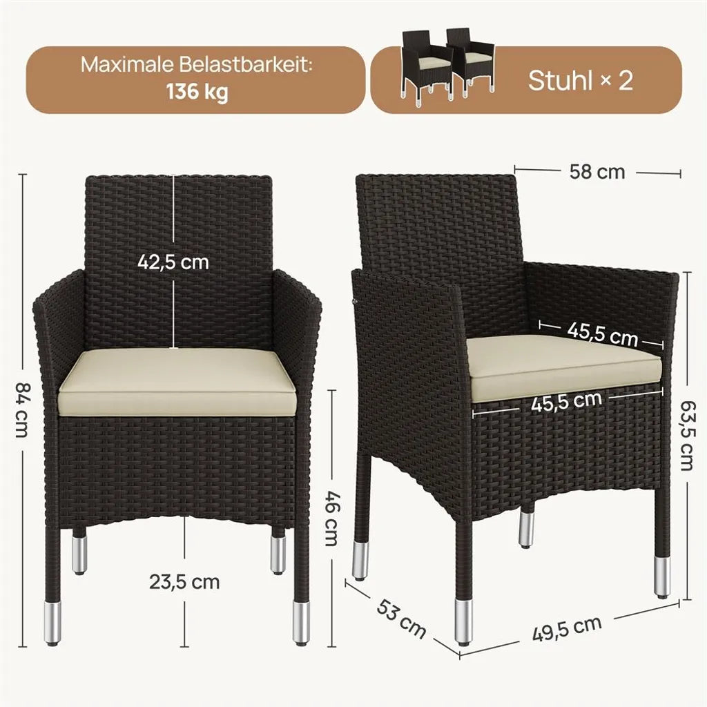 Yaheetech Gartenstuhl-Set, 2er-Set, Polyrattan, 58 x 58 x 84 cm – Braun/Beige – Gartenstühle mit Sitz- und Rückenkissen