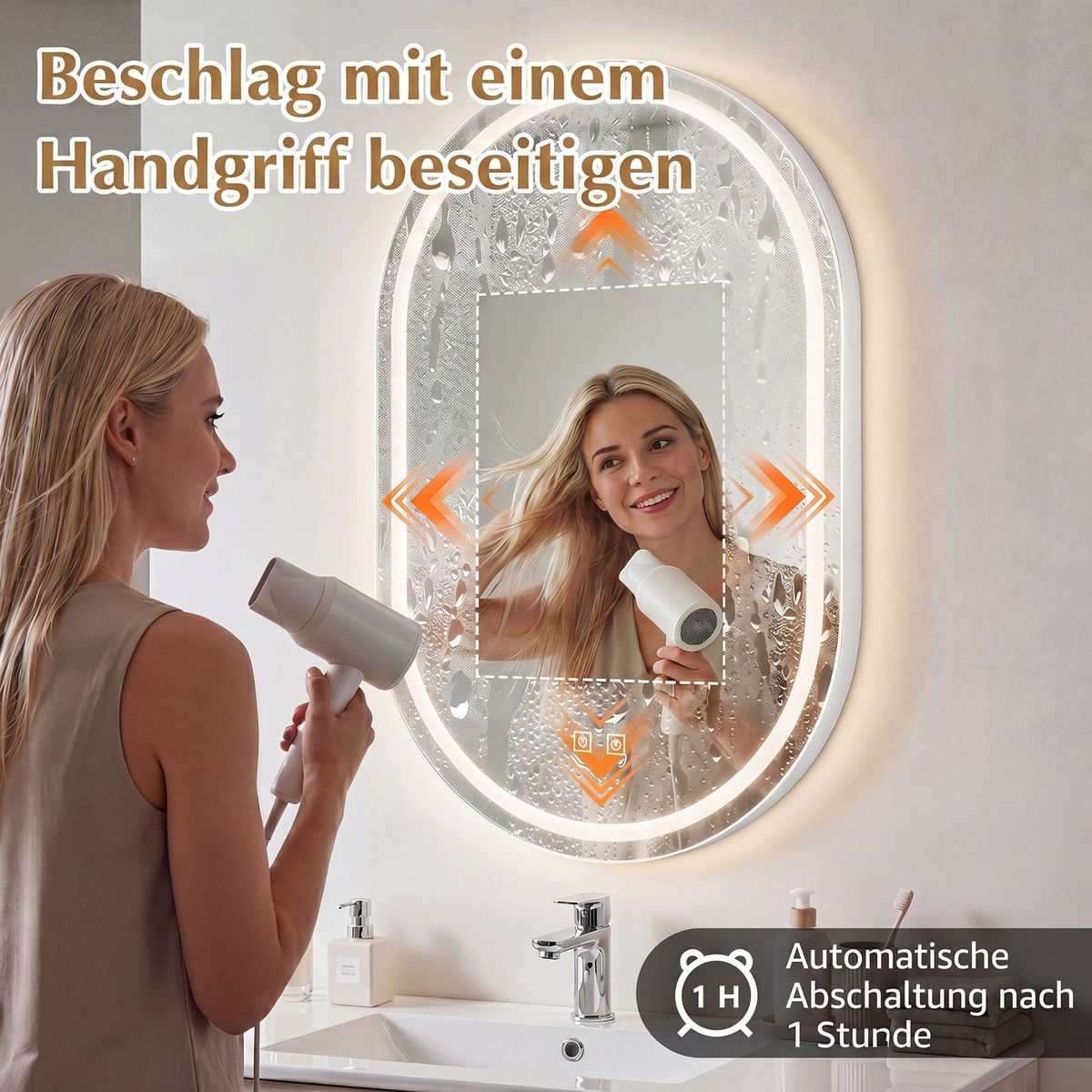 Coast Badezimmerspiegel mit LED-Beleuchtung – ovaler Wandspiegel – Antibeschlagfunktion – silber 50 x 80 cm