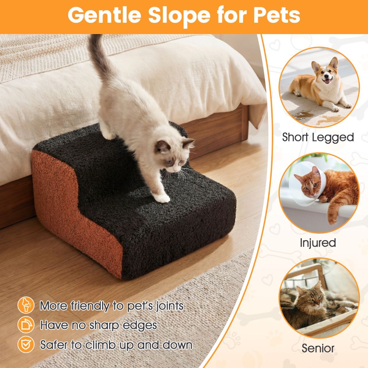 Coast Hundetreppe mit 2 Stufen – flexible Haustiertreppe – rutschfest – schwarz und braun/grau und weiß