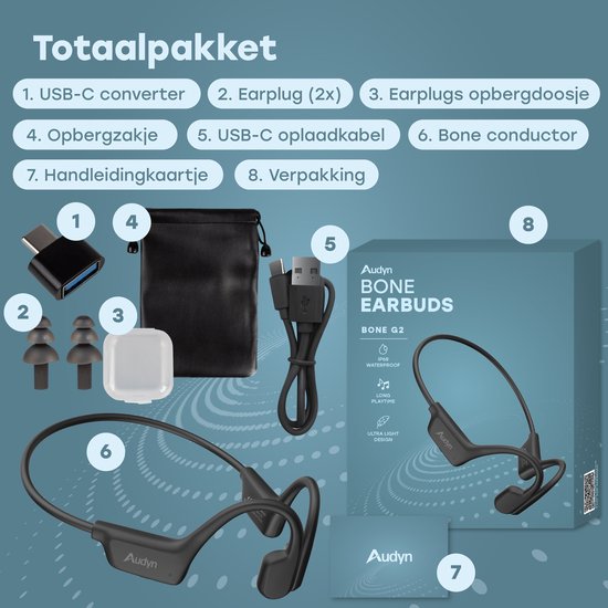 Audyn Bone G2 – Sport-Ohrhörer – Knochenleitungs-Kopfhörer – Bluetooth – Open-Ear-Ohrhörer – kabellos – wasserfest – 8 GB MP3