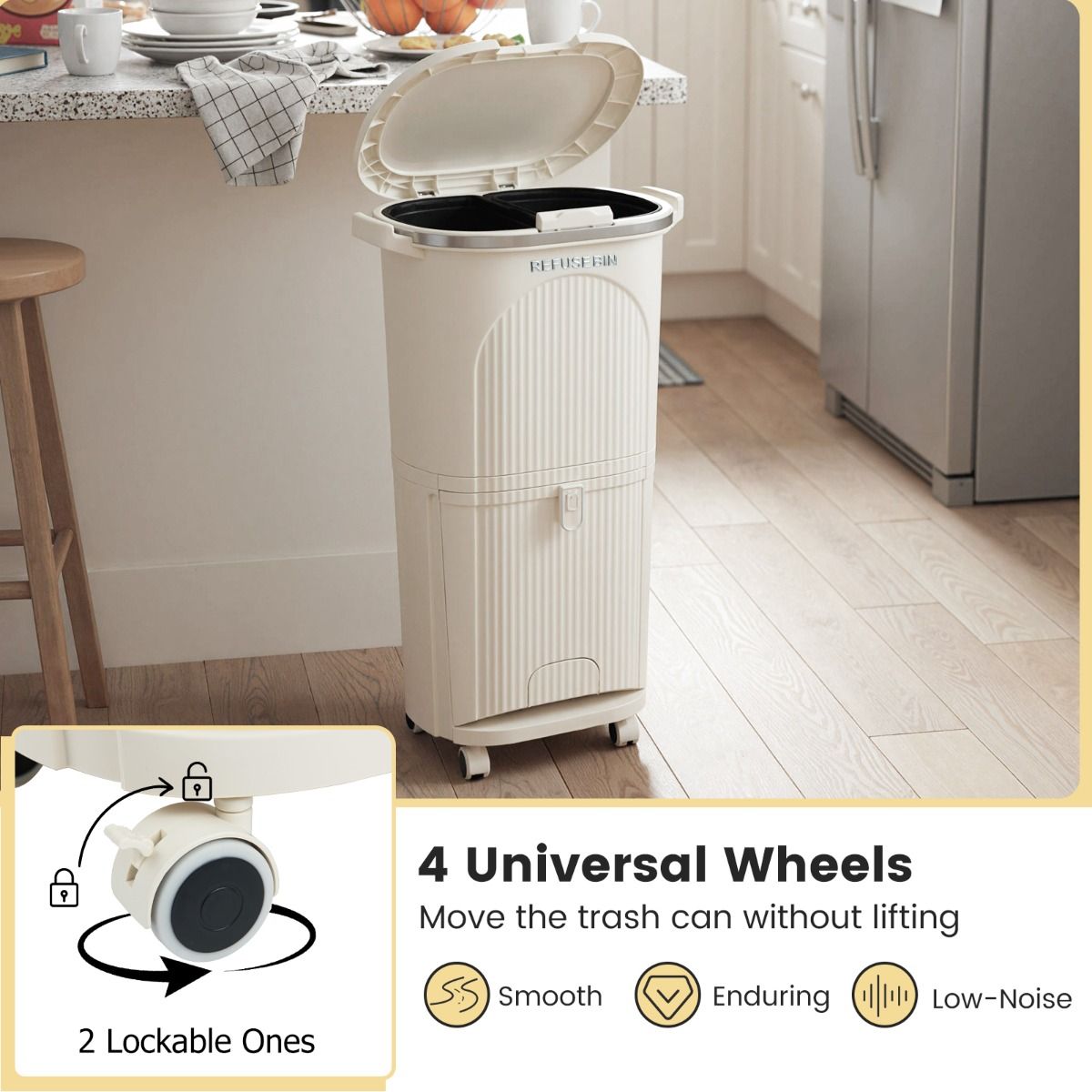 Coast Mülltrennungsbehälter auf Rädern – 3 Fächer – Pedal und Druckknopf – Beige – 38 Liter