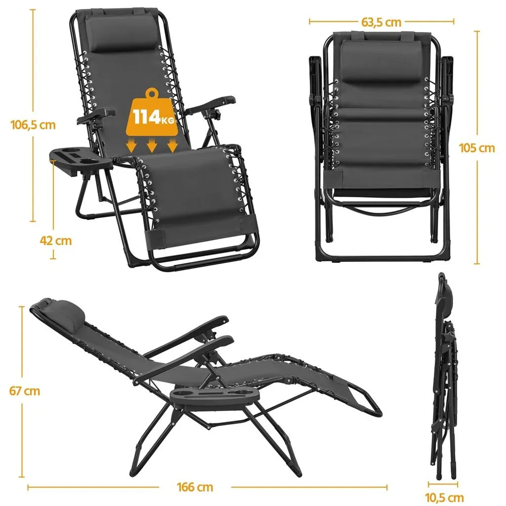 Yaheetech Zero Gravity Chairs 2er-Set - Dunkelgrau - Klappbare Liegen 166 × 63,5 × 67 cm mit Kopfkissen und Tassenhalterung