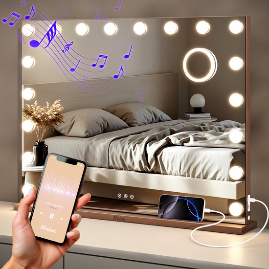 Mirlux Hollywood Mirror 80x60CM - 2 Bluetooth-Lautsprecher - USB & USB-C Ladeanschlüsse - LED-Beleuchtung - Schminkspiegel - 10x Zoom - Aufhängbar - Rose Gold