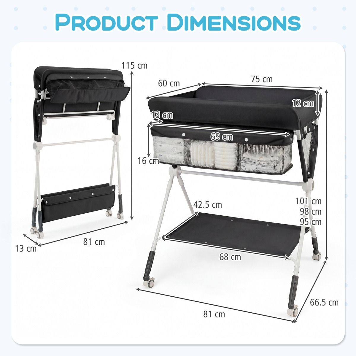 Coast Klappbarer Wickeltisch – 3-fach höhenverstellbar – Mit Stauraum und Rollen – 81 x 66,5 x 95–101 cm