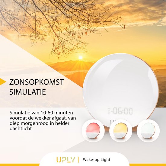 UPLY Wake Up Light - Mit USB-Ladestation - Lichtwecker - Radiowecker - 2 Weckzeiten - 7 Farben