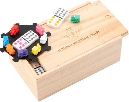 Domino Doppel 12 Mexican Train – 91 Steine mit farbigen Augen – Holzkiste mit Schiebedeckel – Inklusive Bahnhof und Züge – Strategisches Familienspiel – Engelhart