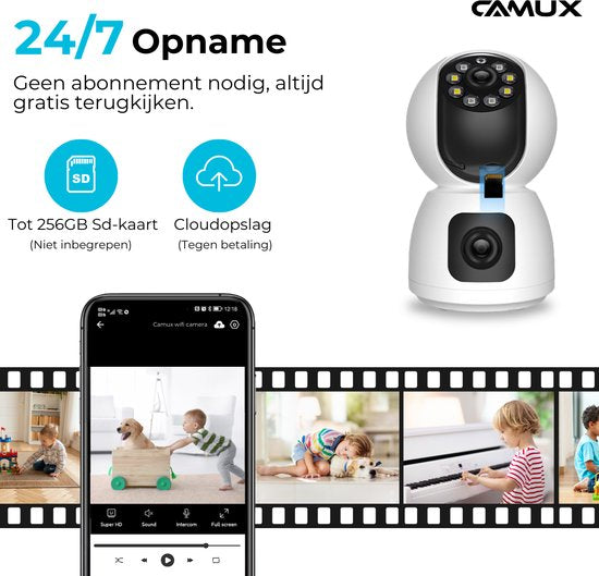 Camux - DualVision Sicherheitskamera Indoor - 2MP Full HD Kamera mit Nachtsicht - Babyphone - Haustierkamera mit App - Hundekamera - Petcam