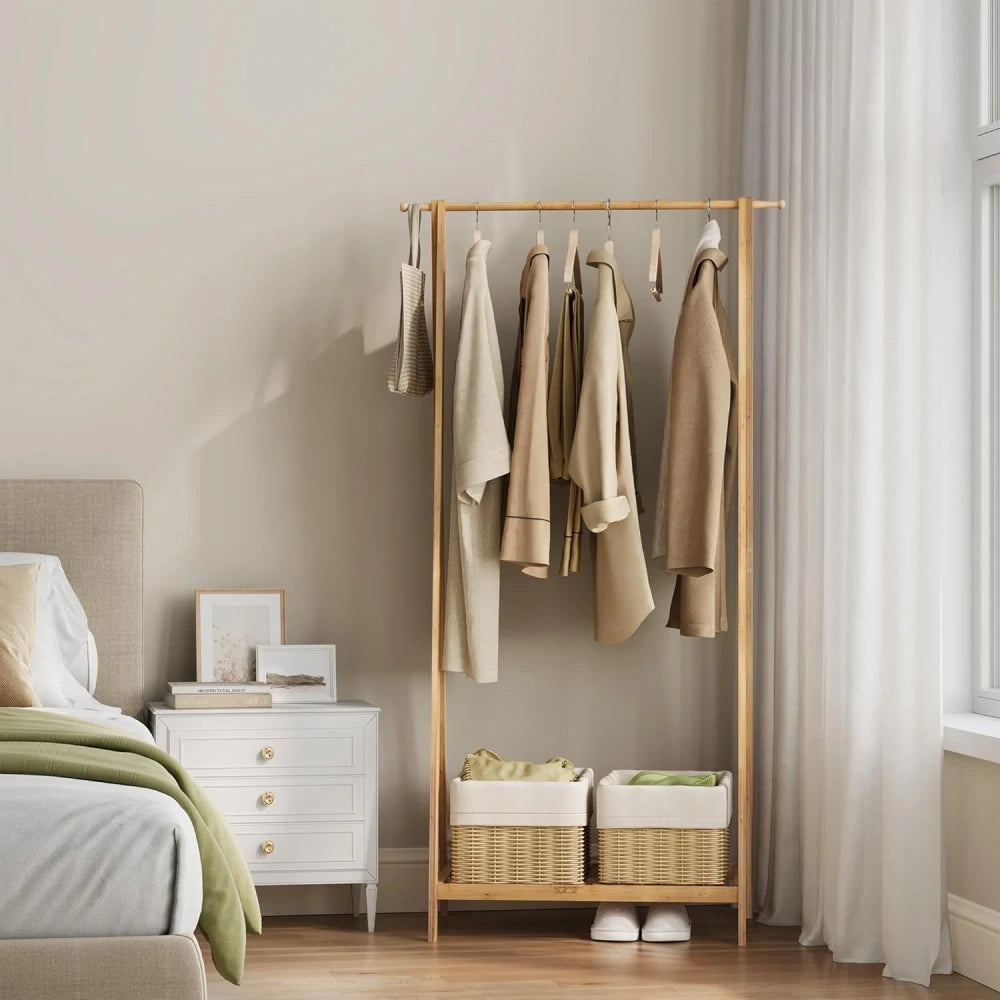 eSituro Kleiderständer 82 x 42 x 154,5 cm – Bambus – Schuhablage – Naturfarben