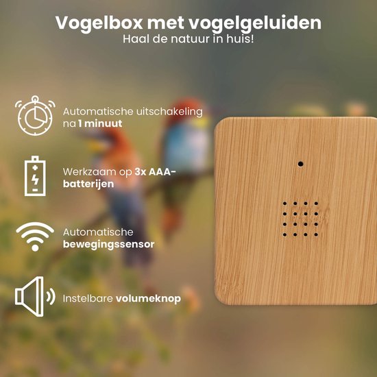 QLT Vogelhaus mit Naturgeräuschen - Box mit Vogelstimmen - Batteriebetrieben - Automatischer Bewegungssensor - Einstellbare Lautstärke - Holz/Grau